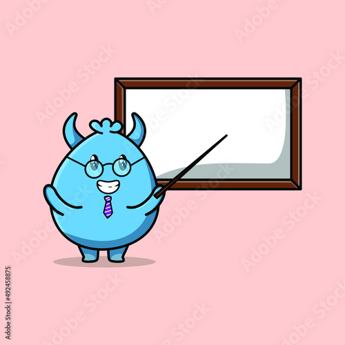 Cute cartoon goblin monster teacher character teaching with whiteboard in 3d cartoon style concept
