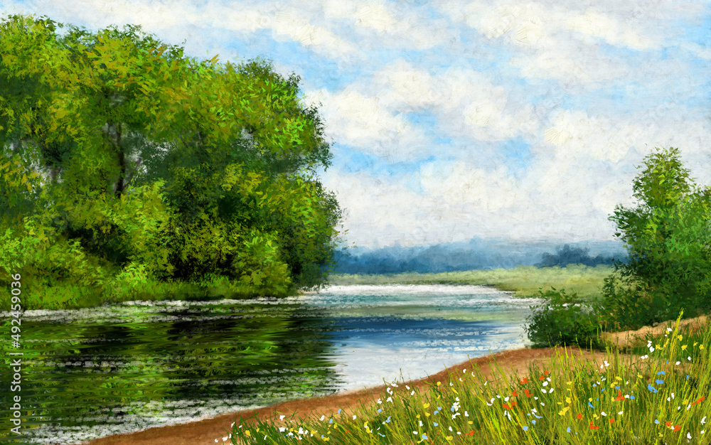 Obraz premium Digital oil paintings rural landscape with river, fine art