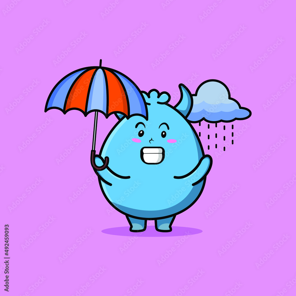 Cute cartoon goblin monster character in the rain and using an umbrella in 3d modern style design Cute cartoon goblin monster character in the rain and using an umbrella in 3d modern style design