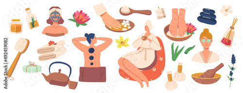 Set of Icons Spa Salon Procedures. Female Character in Turban Drink Tea, Stone Massage, Clay and Paraffin Mask, Aroma