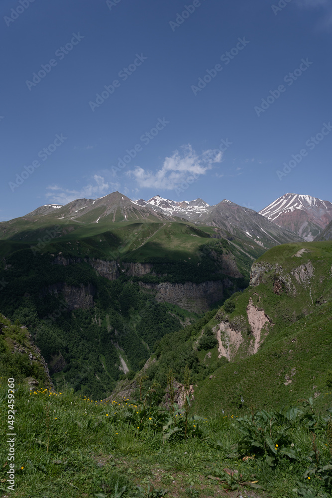 beautiful Georgian mountains with green grass and yellow blooming flowers, large spikes on the tops of the mountains where there is a little white snow and above them a blue sky