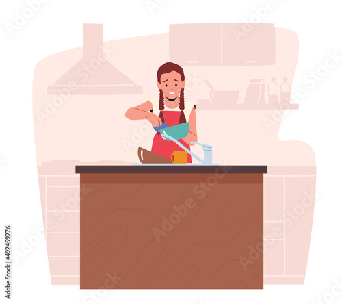 Children Housework Concept. Little Daughter Character Household Activities. Young Girl Wash Dishes at Home Kitchen