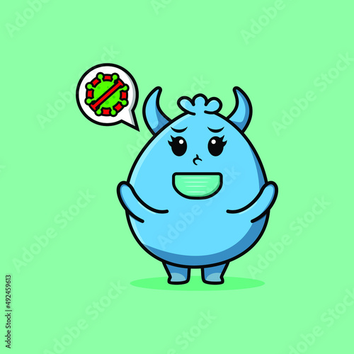 Cute cartoon mascot illustration goblin monster using mask to prevent corona virus in cute modern style design