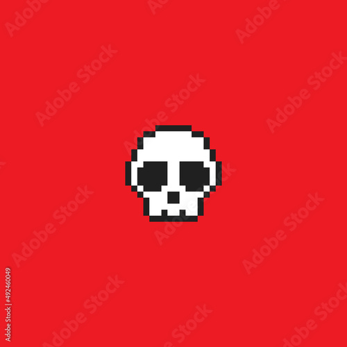 Vector Pixel Illustration. White Skull on Red Background. 8 bit skull icon. Pirate. Skeleton. Toxic. Death. Bone. Horror. Emblem. Warning. Caution. Danger. Crossbones. Poison. Sign. Symbol.