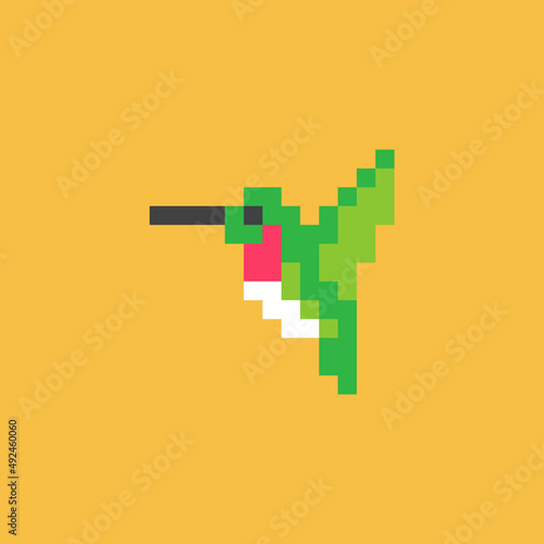Pixel art green hummingbird isolated on white background. Colibri icon. Cute 8 bit bird logo. Retro vintage 80s, 90s slot machine video game graphics. 