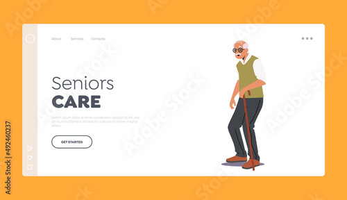 Senior Care Landing Page Template. Aged Man Grandfather Moving with Walking Cane. Elderly Male Character Senility