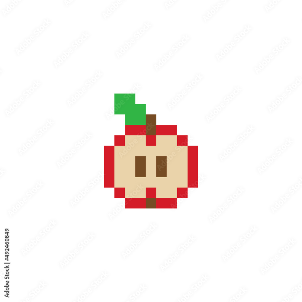 Obraz premium Pixel art vector fruit isolated. game 8 bit style. symbol. whole apple, bitten and stub