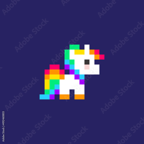 Pixel art Rainbow Unicorn on white background cartoon style isolated vector. Cute White Unicorn icon in retro 8-bit game style 