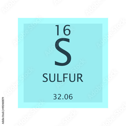 S Sulfur Non reactive metal Chemical Element Periodic Table. Simple flat square vector illustration, simple clean style Icon with molar mass and atomic number for Lab, science or chemistry class.