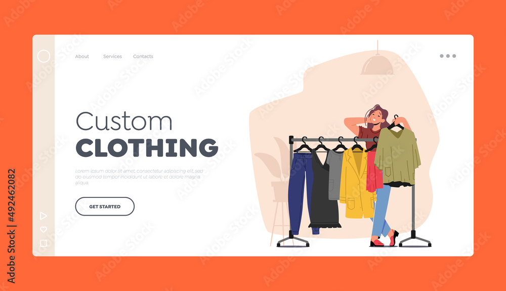 Custom Clothes Landing Page Template. Dressmaker Female Character Perform Apparel Collection. Happy Woman in Atelier Custom Clothes Landing Page Template. Dressmaker Female Character Perform Apparel Collection. Happy Woman in Atelier