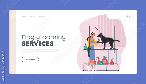 Grooming Service for Animals Landing Page Template. Hairdresser Female Character Cut Dogs Talons with Clippers in Salon