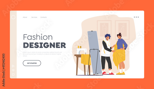Fashion Designer Landing Page Template. Dressmaker Projecting Dress, Wrap Client in Textile front of Mirror in Atelier