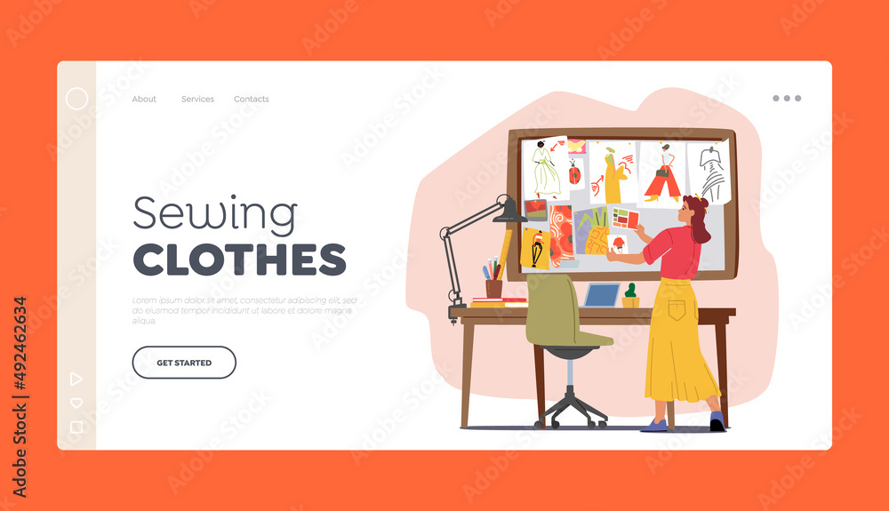 Sewing Clothes Landing Page Template. Apparel Designer Female Character Choose Color Palette for Collection of Garment