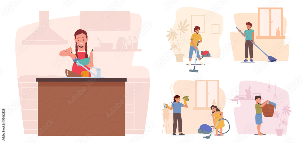 Set of Children Characters Housework Duties. Boy and Girls Washing Dishes on Kitchen, Vacuuming and Sweeping Floor