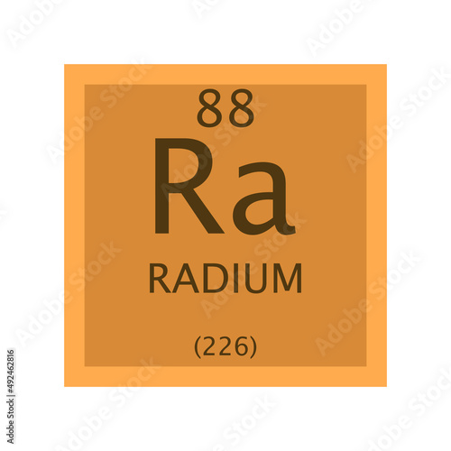 Ra Radium Alkaline earth metal Chemical Element Periodic Table. Simple flat square vector illustration, simple clean style Icon with molar mass and atomic number for Lab, science or chemistry class.