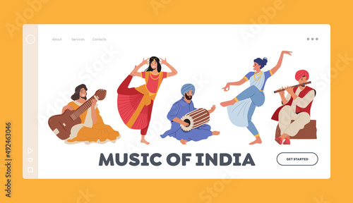 Music of India Landing Page Template. Indian Artists, Musicians and Dancers in Colorful Dresses Play on Instruments