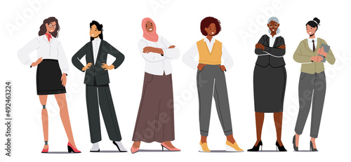 Diverse Business Women Stand in Row. Confident Female Characters Caucasian, African, Asian or Arab Ethnicity