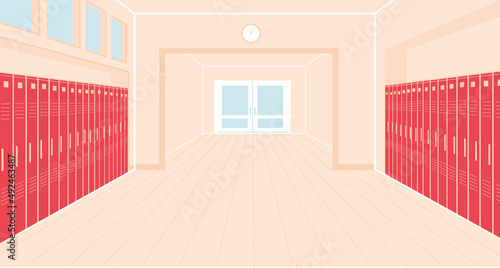 School Hallway Interior With Entrance Doors, Lockers and Clock Hang on Wall. Empty Corridor in College With Closed Doors