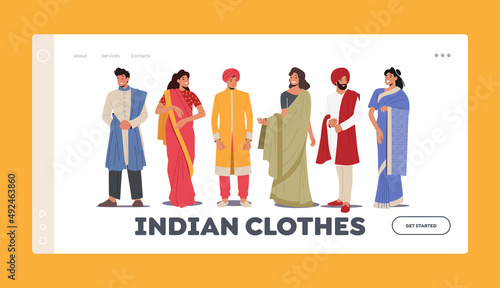 Indian People Wear Traditional Clothes Landing Page Template. Young Smiling Male and Female Characters Wear Sari or Kurt photo