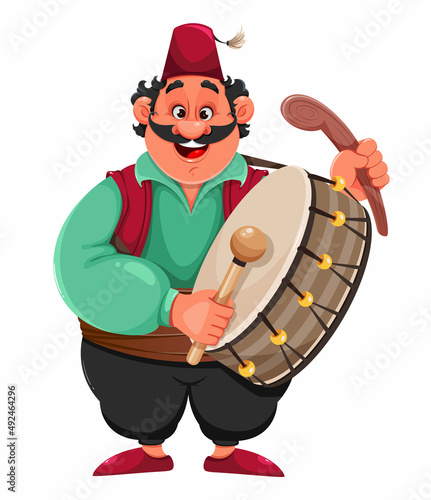Ramadan Kareem. Funny cartoon character drummer