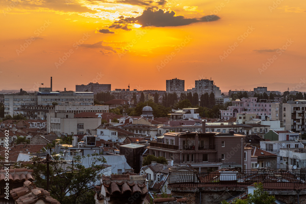 Sunset above the Old Town of Plovdiv, Bulgaria
