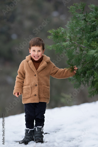 A boy with a tree on a snow