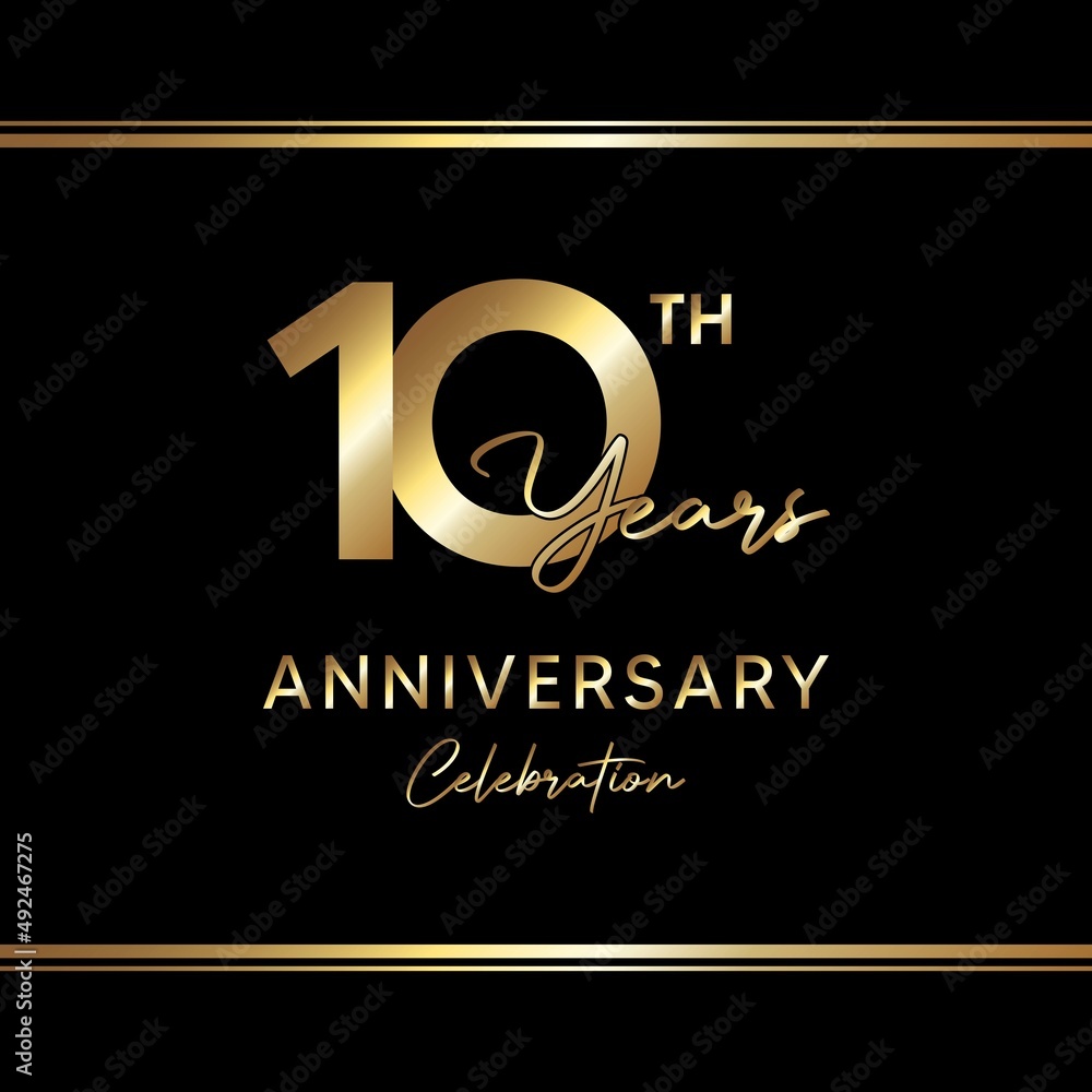 10 years anniversary celebration. Anniversary logo with golden color isolated on black background, vector design for celebration, invitation card, greeting card, and banner 10 years anniversary celebration. Anniversary logo with golden color isolated on black background, vector design for celebration, invitation card, greeting card, and banner