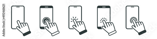 Set of hand touch screen smartphone icons, click. Hand click, press touch screen. 
