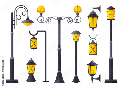 Lighting outdoor garden urban fixture flat set. Front street lamp spot outside inside building courtyard technique street. Modern classic gothic style various size design road electricity isolated