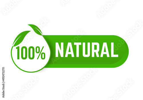 Natural label with leaf icon. 100 percent natural, vector image