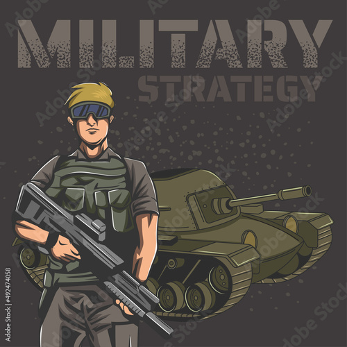 Military vector illustration, Army soldiers and tank