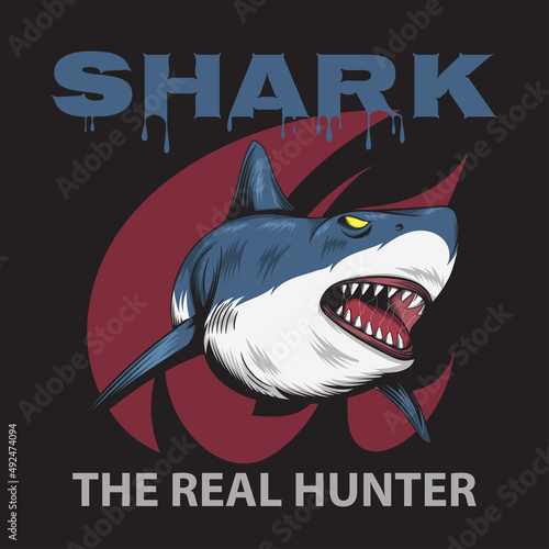 Blue shark with open jaws on a dark background. Shark Vector illustration