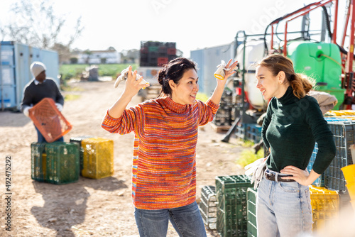 Quarrel between two women in the backyard of a farm after work photo