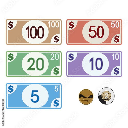 American oney, bills 5, 10, 20, 50 & 100, coins 1 & 2 dollars. Full color graphic renderings