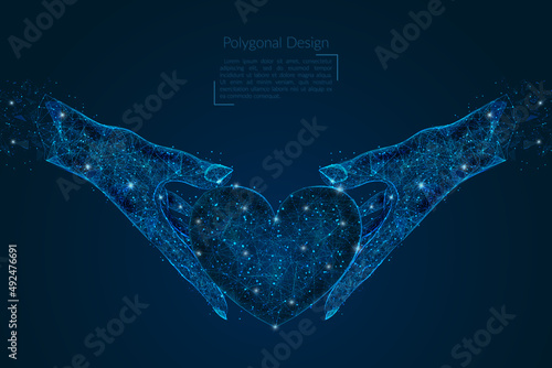 Abstract isolated image of human hand holding heart. Polygonal low poly style illustration looks like stars in the blask night sky in spase or flying glass shards.
