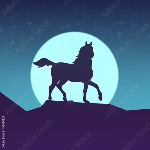 The magic horse standing alone against the colorful night sky, on the moon background © Vender