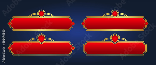 Medieval buttons, ui game menu elements, red oblong banners and gold ornate rims. empty royal gui bars for rpg or arcade, golden borders. - Vector.
