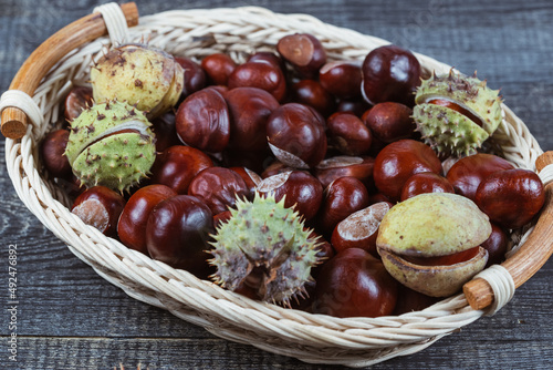 Close up view of Chestnuts in a basket on a wooden background