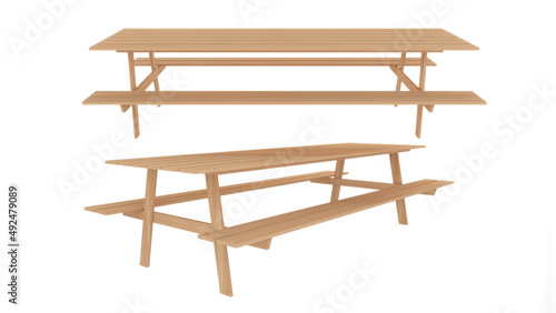 long wooden table and chair on white background,side view,3d rendering