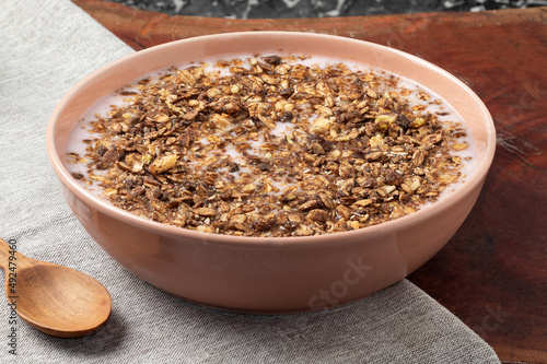 Strawberry yogurt with granola and quinoa. Selective focus