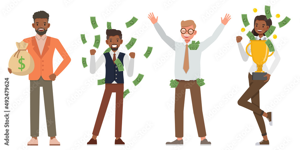 Set of successful business people with money character vector design. Presentation in various action. People working in office planning, financial and economic analysis. Set of successful business people with money character vector design. Presentation in various action. People working in office planning, financial and economic analysis.