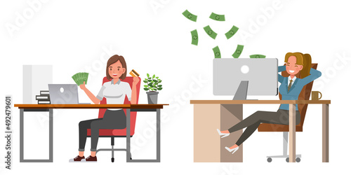 Set of successful business people with money character vector design. Presentation in various action. People working in office planning, financial and economic analysis.