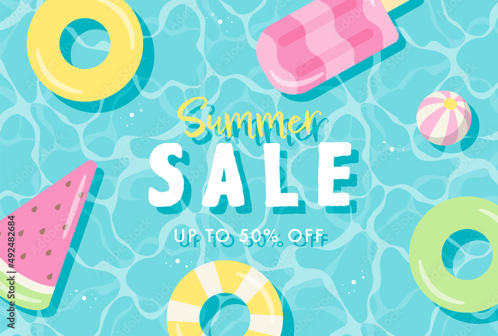 summer vector background with pool floats in water for banners, cards, flyers, social media wallpapers, etc.