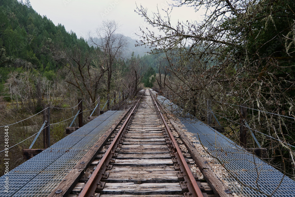 Old abandoned train bridge over a river in northern California on a rainy day 