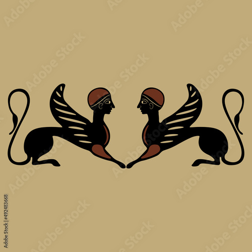 Symmetrical pattern with two Ancient Greek sphinxes. Fantastic winged cats with female heads. Ethnic vase painting style.