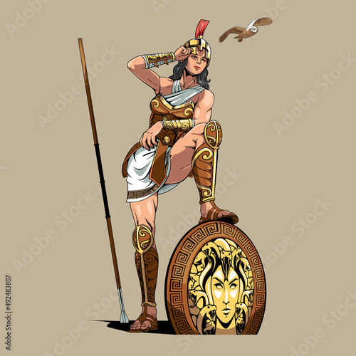 Athena stepping on her aegis with her spear and owl