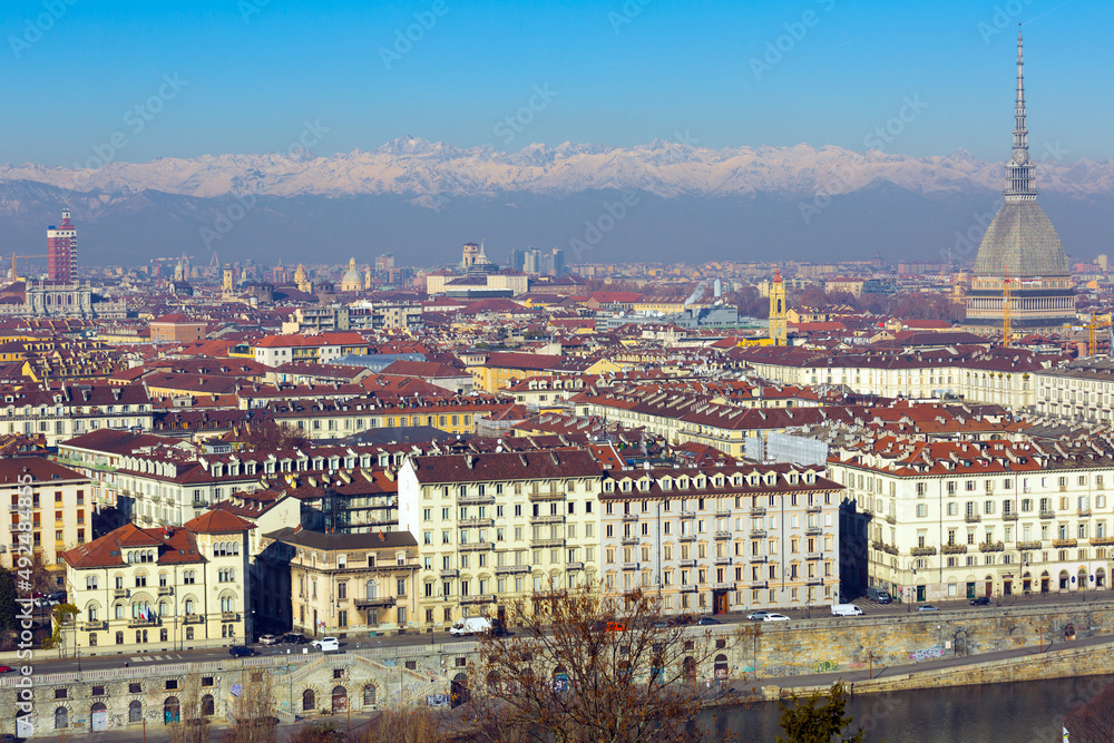Panoramic view of Turin city with apartment buildings in Italy..