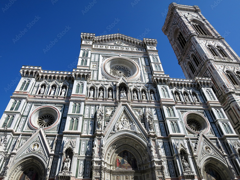 Façade of the Florence Cathedral (Duomo di Firenze) with the Giotto's Bell Tower in Florence, ITALY