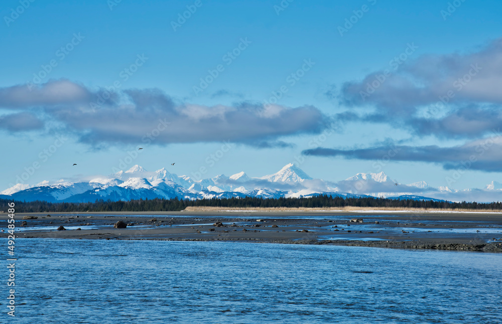 Winter beach scene in Southeast Alaska with snowy mountains and clouds.