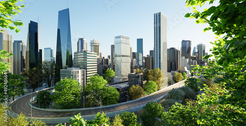 Virtual design green cityscape skyline with curvy highway road